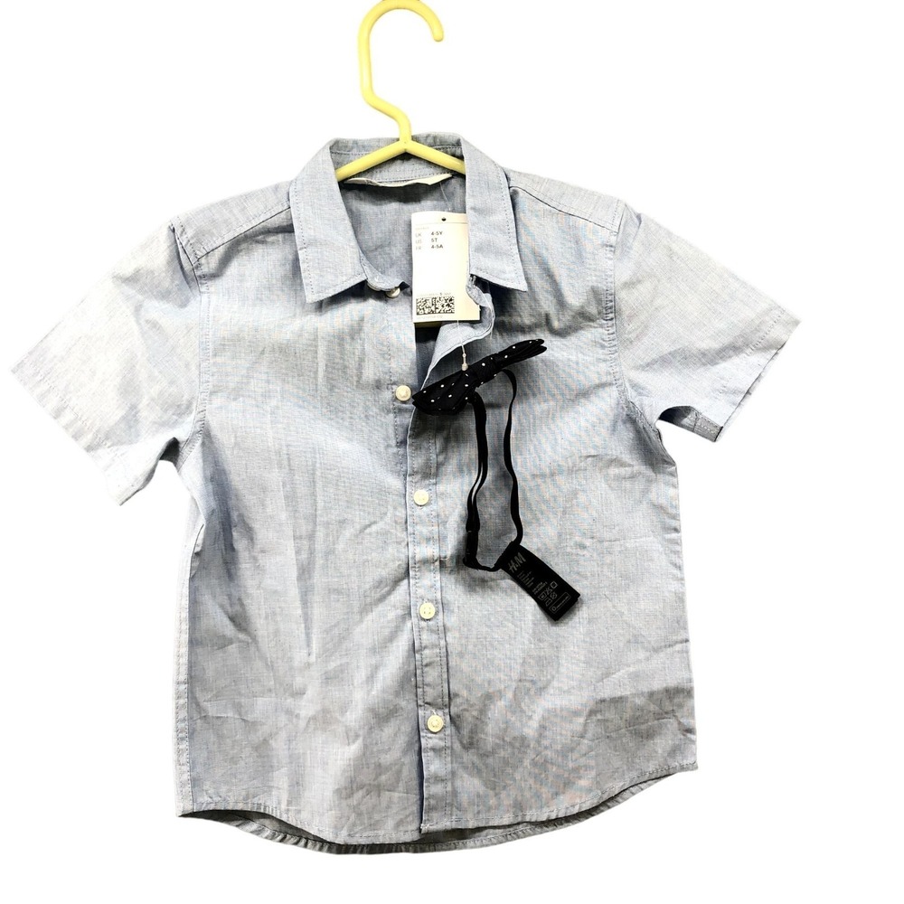 NWT H&M Boys 5T Dress Shirt Short Sleeve Summer Bow Tie Blue Button Down‎ Formal